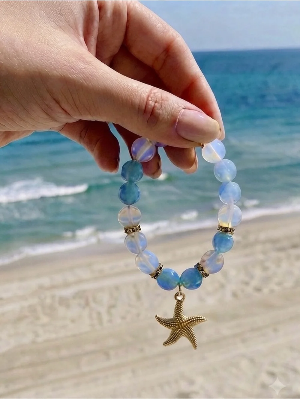 BEADED BRACELET - Gold and Blue Beaded with Starfish charm